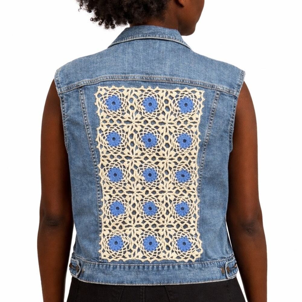Cottage Core Blue Denim Vest Crochet Back Panel Size XL Boho Hippie Upcycled
